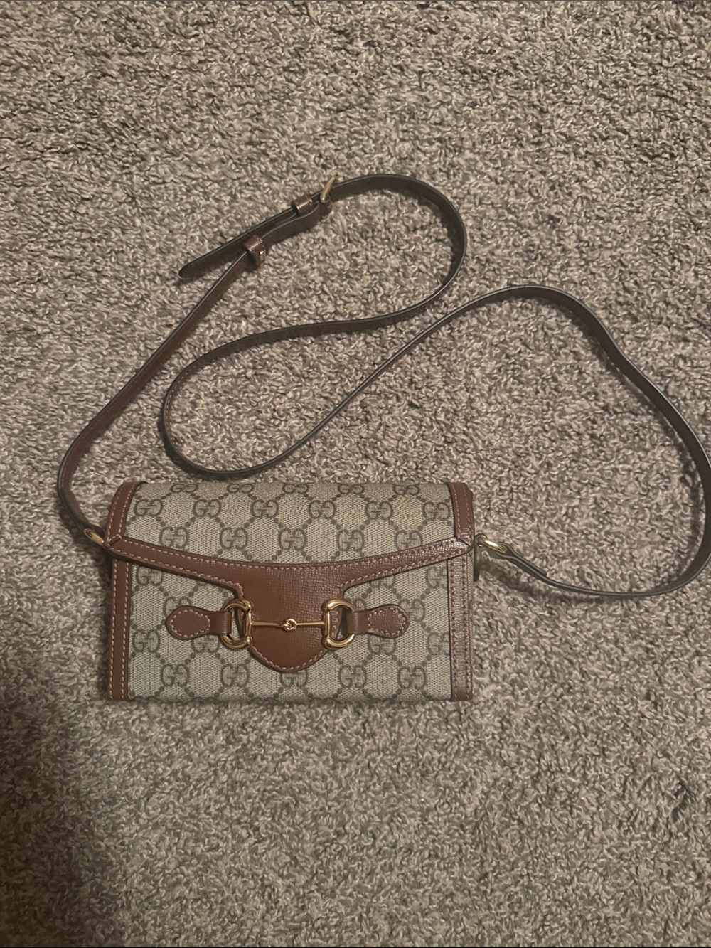 Gucci Beige GG Canvas Crossbody with Brown Leather Trim